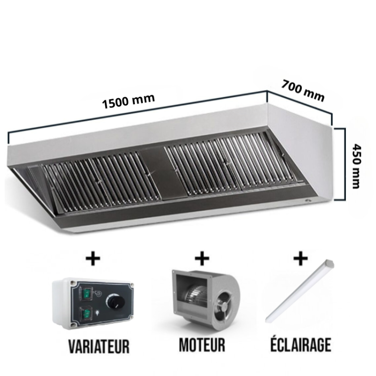 Hotte murale avec moteur 1500x700x450mm avec variateur, éclairage, filtre et robinet de vidange (Puissant) PREMIUM / GOLDINOX