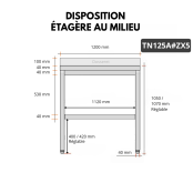 Table de travail en inox Bar 1200x500 mm avec 1 étagère inférieure et dosseret PREMIUM - GOLDINOX