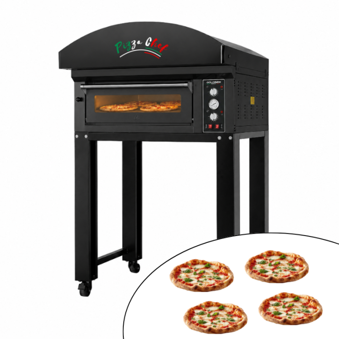 Four à pizza électrique 4 x Ø34 cm (6kW - 380V) sur roulettes et hotte d'extraction Série "PIZZA CHEF" PREMIUM - GOLDINOX