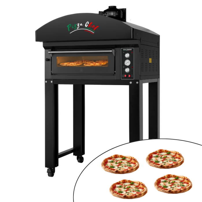 Four à pizza électrique 4x Ø34 cm (6kW-380V) sur roulettes avec hotte d'extraction + moteur Série "PIZZA CHEF" PREMIUM-GOLDINOX