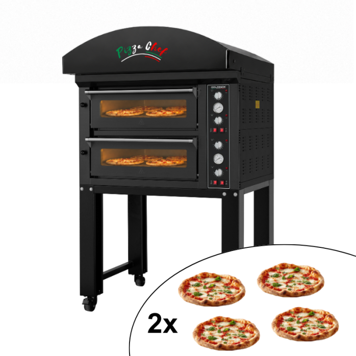 Four à pizza électrique 4 x Ø34 cm (6kW - 380V) sur roulettes et hotte d'extraction Série "PIZZA CHEF" PREMIUM - GOLDINOX