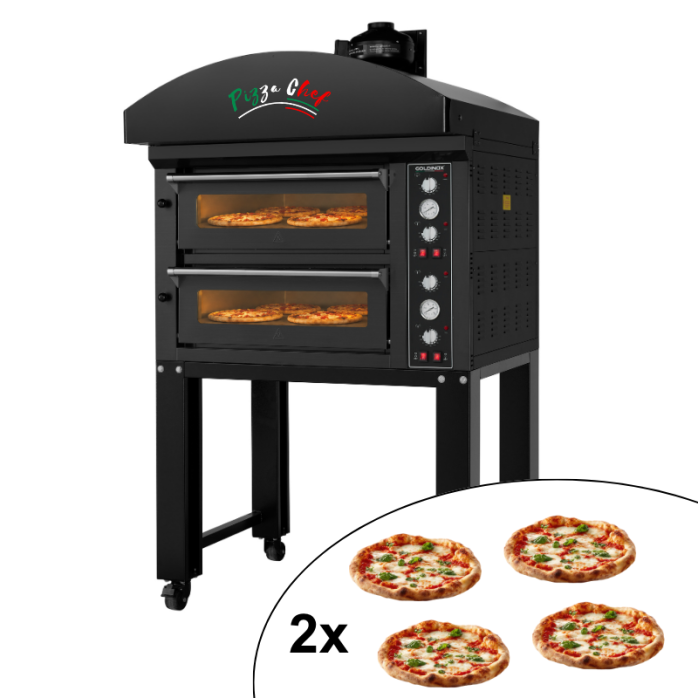 Four à pizza électrique 4x Ø34 cm (6kW-380V) sur roulettes avec hotte d'extraction + moteur Série "PIZZA CHEF" PREMIUM-GOLDINOX