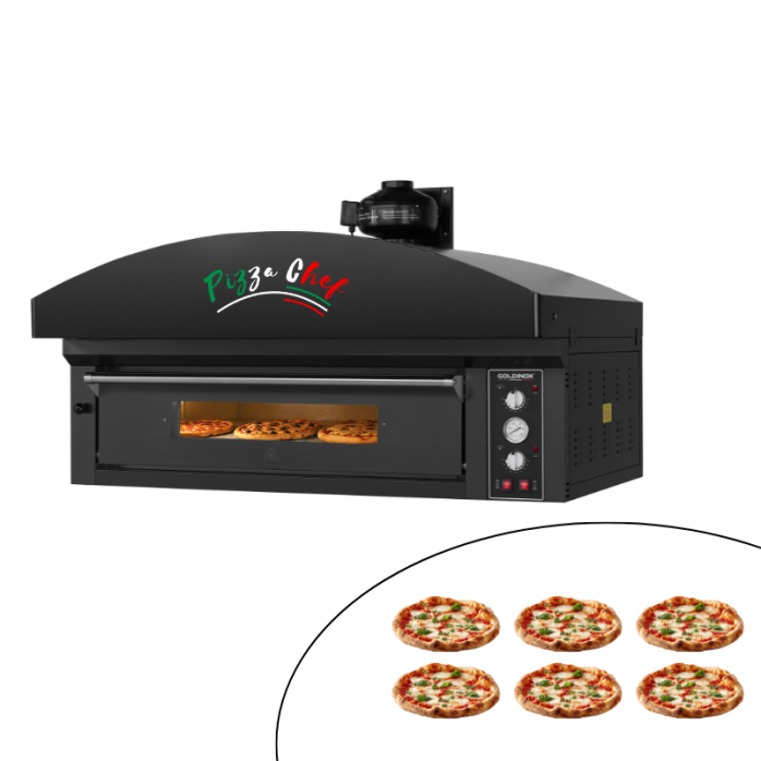 Four à pizza électrique 4 x Ø34 cm (6kW - 380V) avec hotte d'extraction et moteur Série "PIZZA CHEF" PREMIUM - GOLDINOX