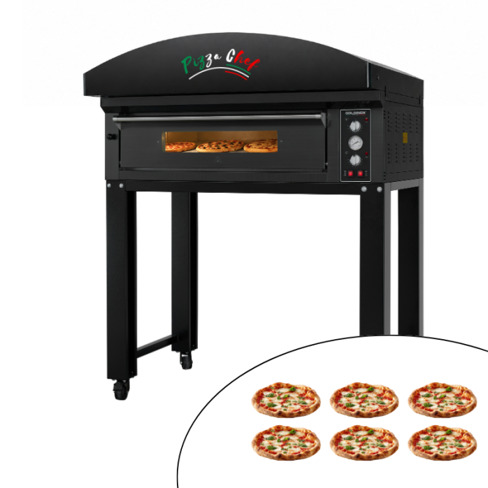 Four à pizza électrique 6 x Ø34 cm (8kW - 380V) sur roulettes et hotte d'extraction Série "PIZZA CHEF" PREMIUM - GOLDINOX