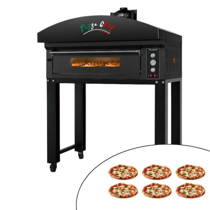 Four à pizza électrique 6x Ø34 cm (8kW-380V) sur roulettes avec hotte d'extraction + moteur Série "PIZZA CHEF" PREMIUM-GOLDINOX
