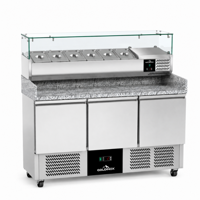 Meuble à pizza réfrigéré 3 portes compact avec vitrine à ingrédients (6x GN1/4) PREMIUM - GOLDINOX