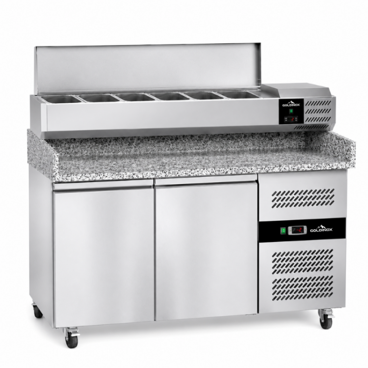 Meuble à pizza réfrigéré Tropicalisée 2 portes avec vitrine ingrédients (6x GN1/3) PREMIUM - GOLDINOX