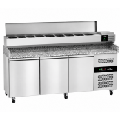 Meuble à pizza réfrigéré Tropicalisée 3 portes avec vitrine ingrédients (9x GN1/3) PREMIUM - GOLDINOX