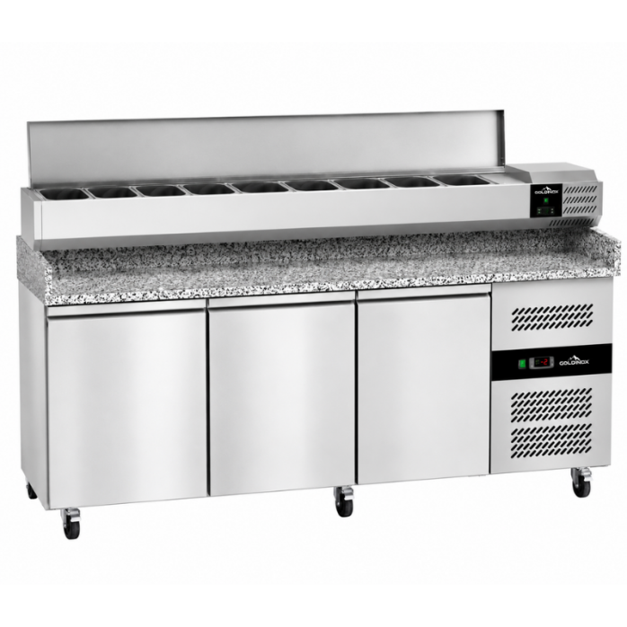 Meuble à pizza réfrigéré Tropicalisée 3 portes avec vitrine ingrédients (9x GN1/3) PREMIUM - GOLDINOX