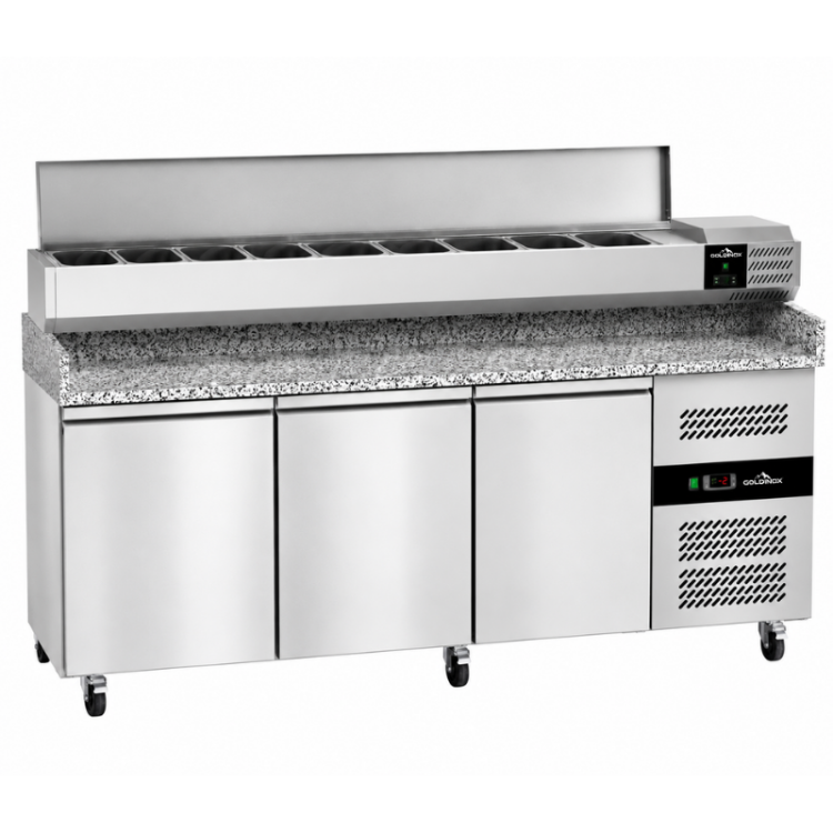 Meuble à pizza réfrigéré Tropicalisée 3 portes avec vitrine ingrédients (9x GN1/3) PREMIUM - GOLDINOX