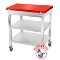 Table de découpe rouge avec 2 étagères inférieures sur roulettes profondeur 500 mm