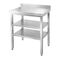 Tables de travail en inox hauteur Bar avec 2 étagères inférieures et dosseret profondeur 500 mm