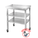 Tables de travail en inox hauteur Bar avec 2 étagères inférieures sur roulettes profondeur 500 mm