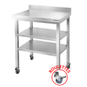 Tables de travail en inox hauteur Bar avec 2 étagères inférieures et dosseret sur roulettes profondeur 500 mm