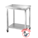 Tables de travail en inox hauteur Bar avec 1 étagère inférieure sur roulettes profondeur 600 mm