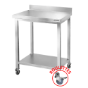 Tables de travail en inox hauteur Bar avec 1 étagère inférieure et dosseret sur roulettes profondeur 700 mm