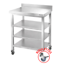 Tables de travail en inox hauteur Bar avec 3 étagères inférieures et dosseret sur roulettes profondeur 700 mm