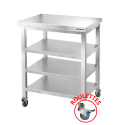 Tables de travail en inox hauteur Bar avec 3 étagères inférieures sur roulettes profondeur 800 mm