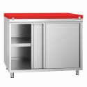 Meuble bas inox avec portes coulissantes et plaque de découpe rouge profondeur 600 mm
