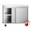Meuble bas inox sur roulettes avec portes coulissantes et plaque de découpe blanche profondeur 600 mm