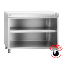 Meuble bas inox ouvert sur roulettes avec plaque de découpe blanche profondeur 600 mm