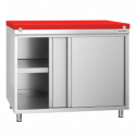 Meuble bas inox avec portes coulissantes et plaque de découpe rouge profondeur 700 mm