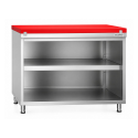 Meuble bas inox ouvert avec plaque de découpe rouge profondeur 700 mm