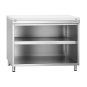 Meuble bas inox ouvert avec plaque de découpe blanche profondeur 700 mm