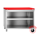 Meuble bas inox ouvert sur roulettes avec plaque de découpe rouge profondeur 700 mm