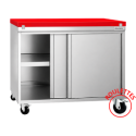 Meuble bas inox sur roulettes avec portes coulissantes et plaque de découpe rouge profondeur 800 mm