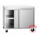 Meuble bas inox sur roulettes avec portes coulissantes et plaque de découpe blanche profondeur 800 mm